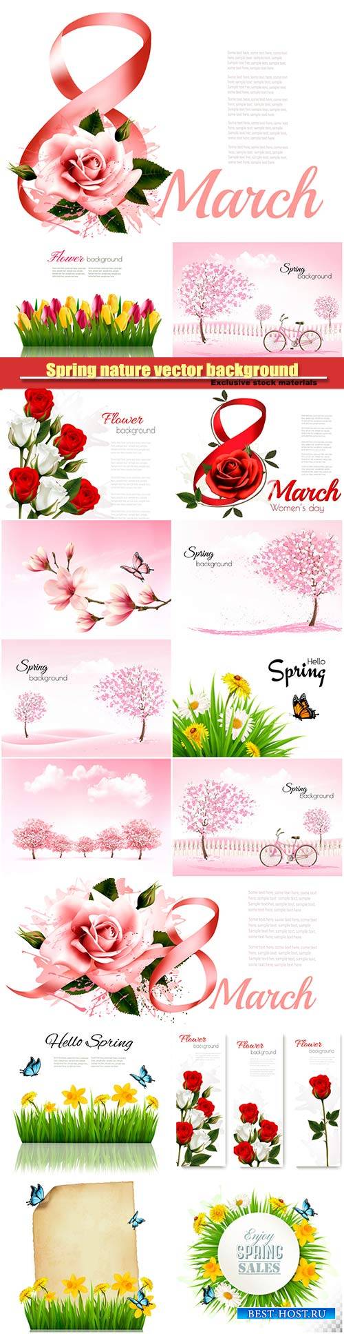 8th March illustration with rose, women's day, spring nature vector backgr ...