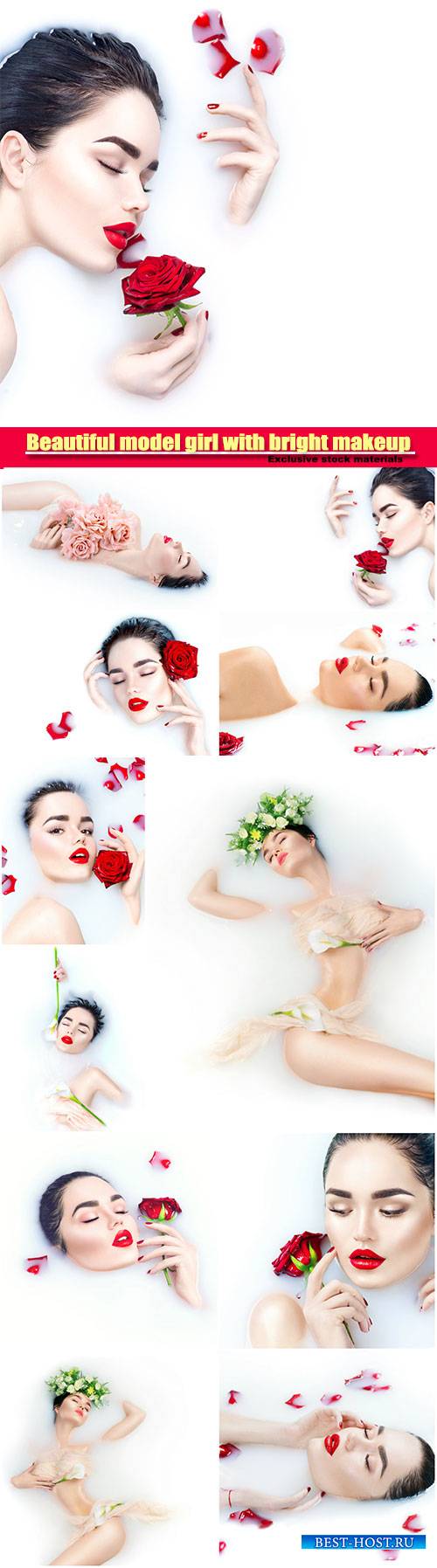 Beautiful model girl with bright makeup red rose flower in her hand and relaxing in milk bath