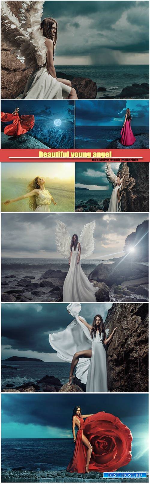 Beautiful young angel climbing on the cliff, lady looking at the storm on the ocean