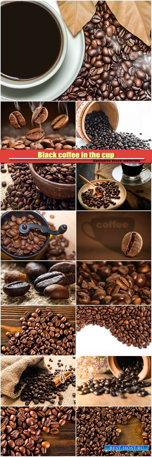 Black coffee in the cup and blur roasted coffee beans background