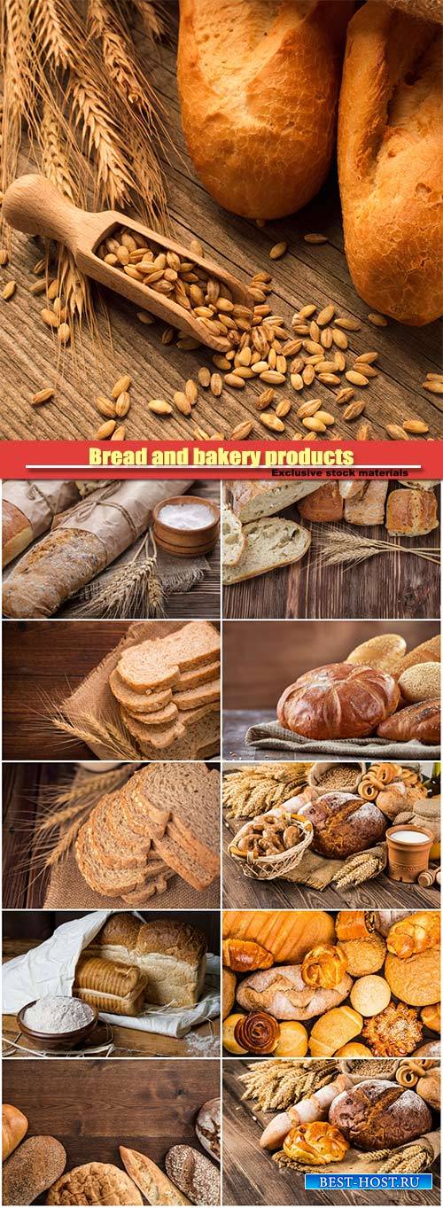 Bread and bakery products on a wooden background