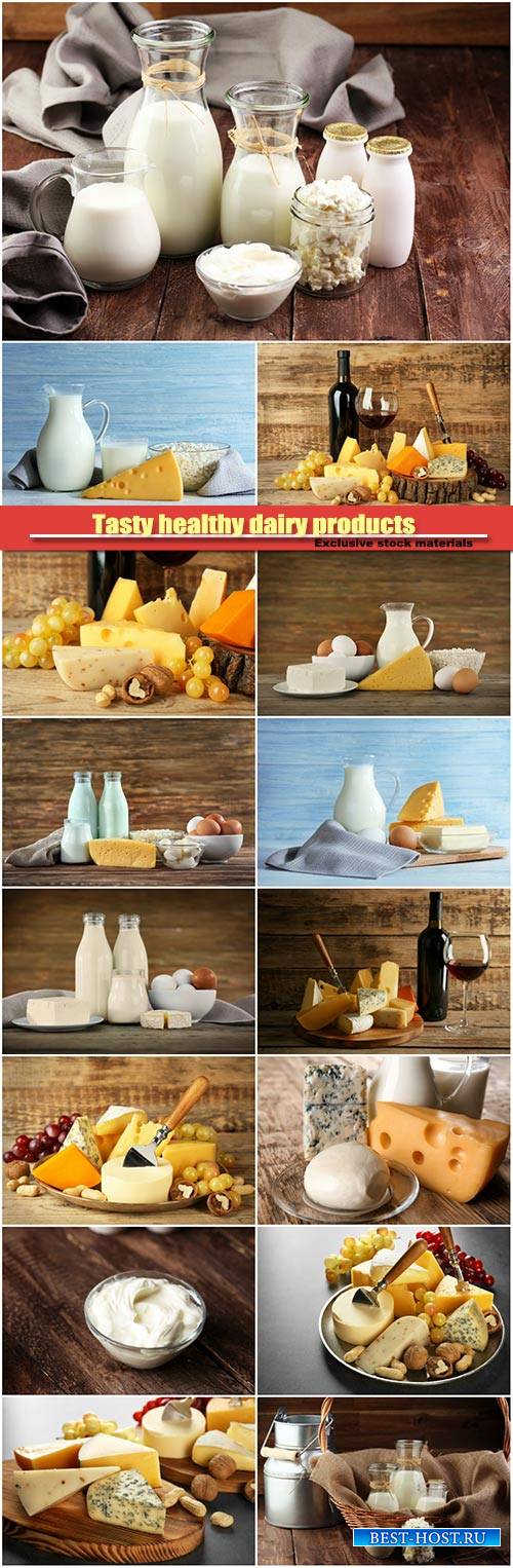 Tasty healthy dairy products , cheese and milk on wooden background
