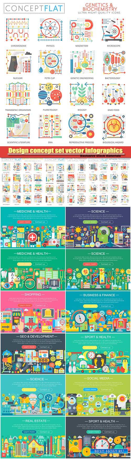 Medicine and health design concept set vector infographics, food and sport  ...