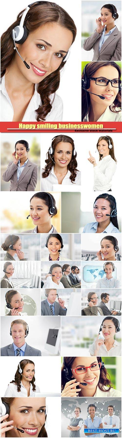 Happy smiling businesswoman and businessmen operator or call center worker