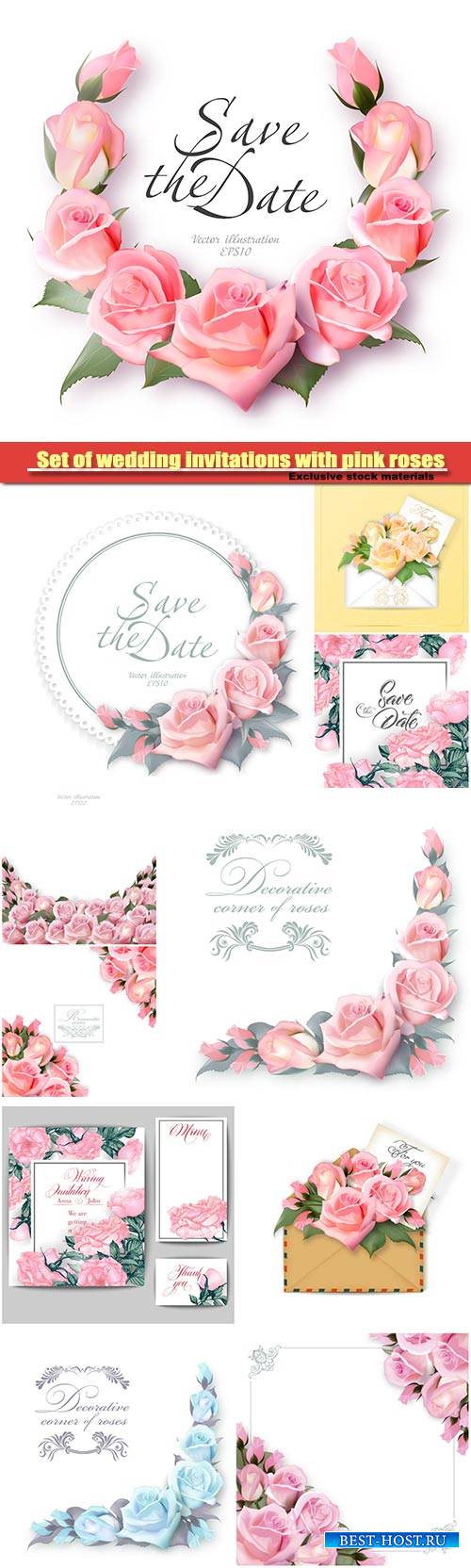 Set of wedding invitations with pink roses, vector template