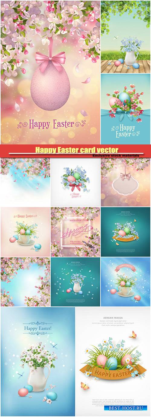 Happy Easter card vector background, blooming tree branch in springtime