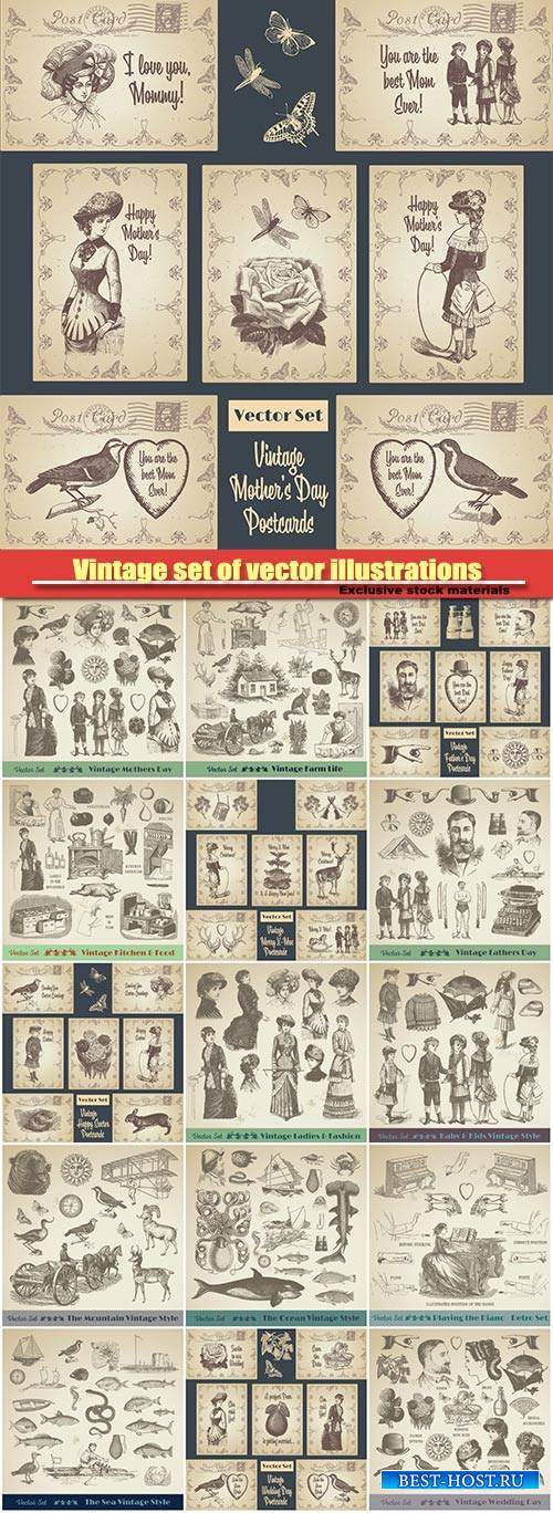 Vintage set of vector illustrations
