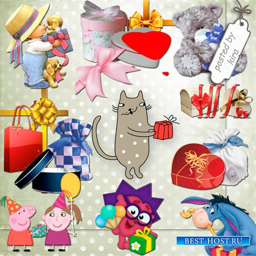Клипарт - Разнообразные подарочные коробки, упаковочные банты и зверюшки с подарками