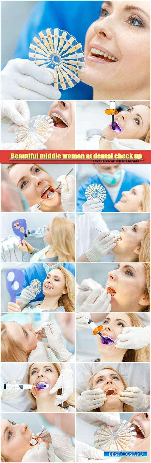 Beautiful middle woman at dental check up, comparing teeth of patient with  ...