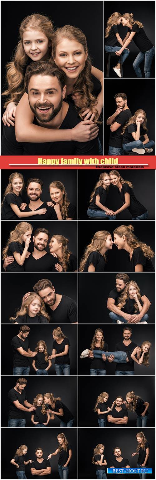 Happy family with child wearing black background