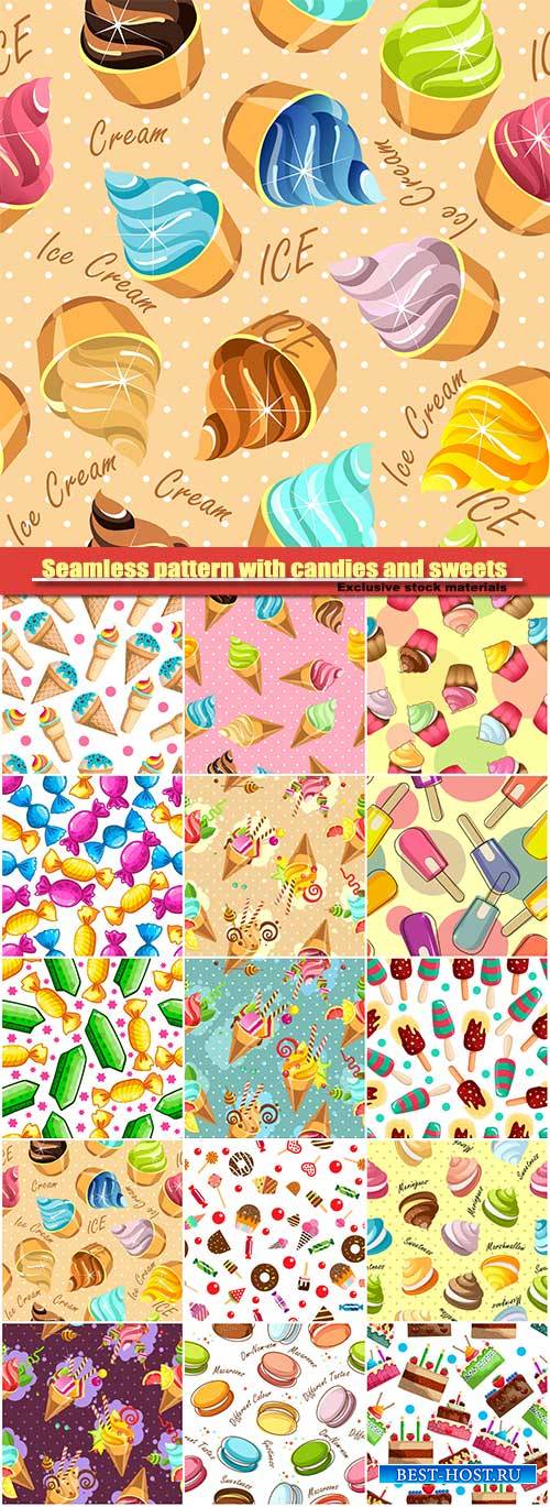 Seamless pattern with candies and sweets, ice cream and pieces of marshmallows
