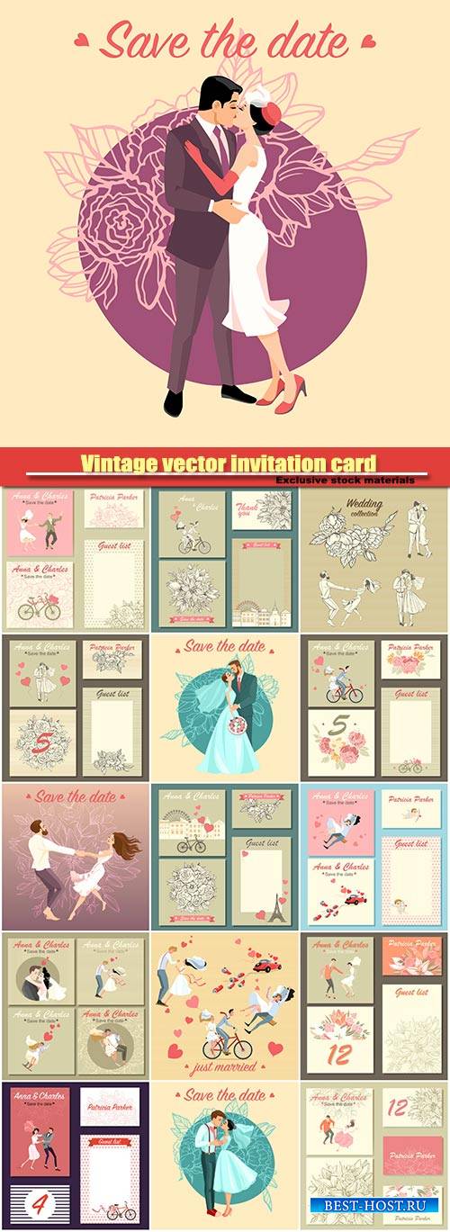 Vintage vector invitation card with bride and groom