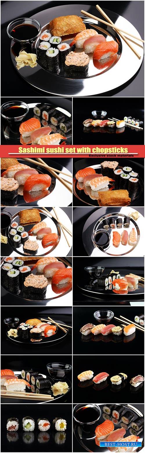 Sashimi sushi set with chopsticks and soy, sushi roll with salmon