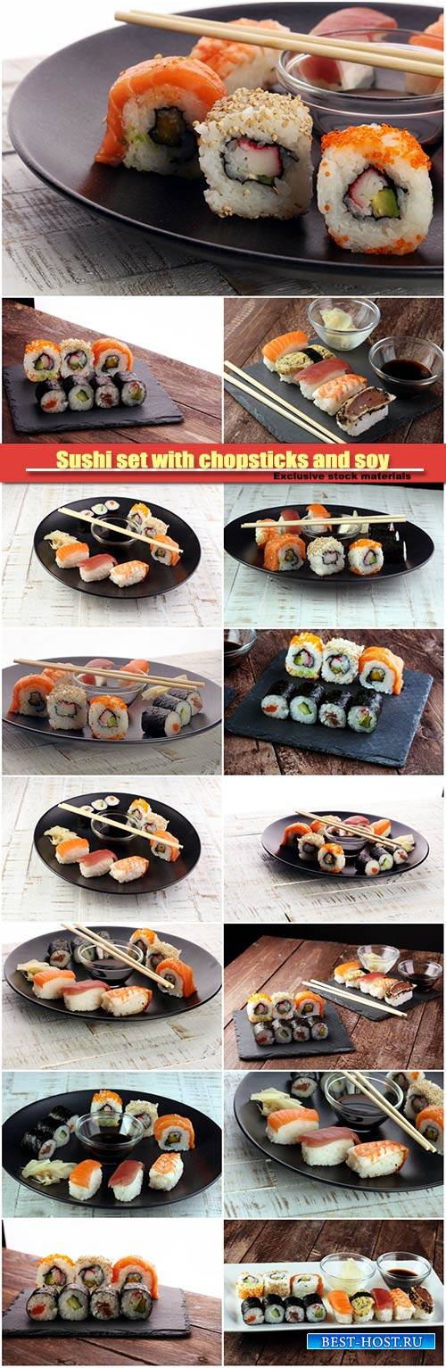 Sushi set with chopsticks and soy, sushi roll