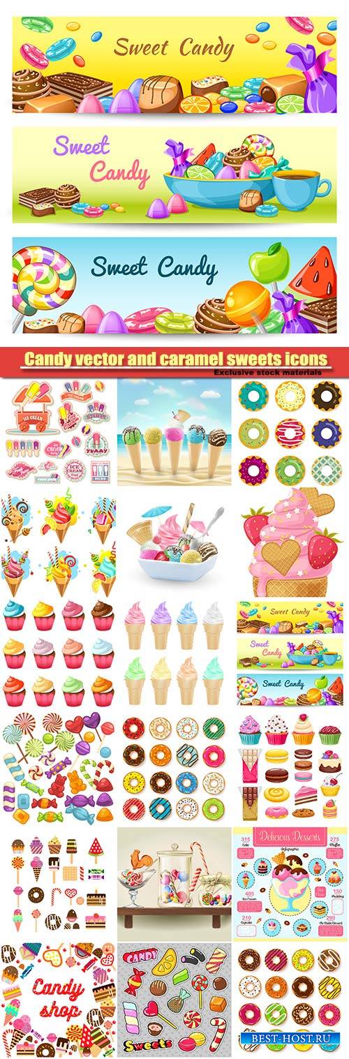 Candy vector and caramel sweets icons, sweetmeats, toffee, candy canes, marmalade comfits and ice-cream