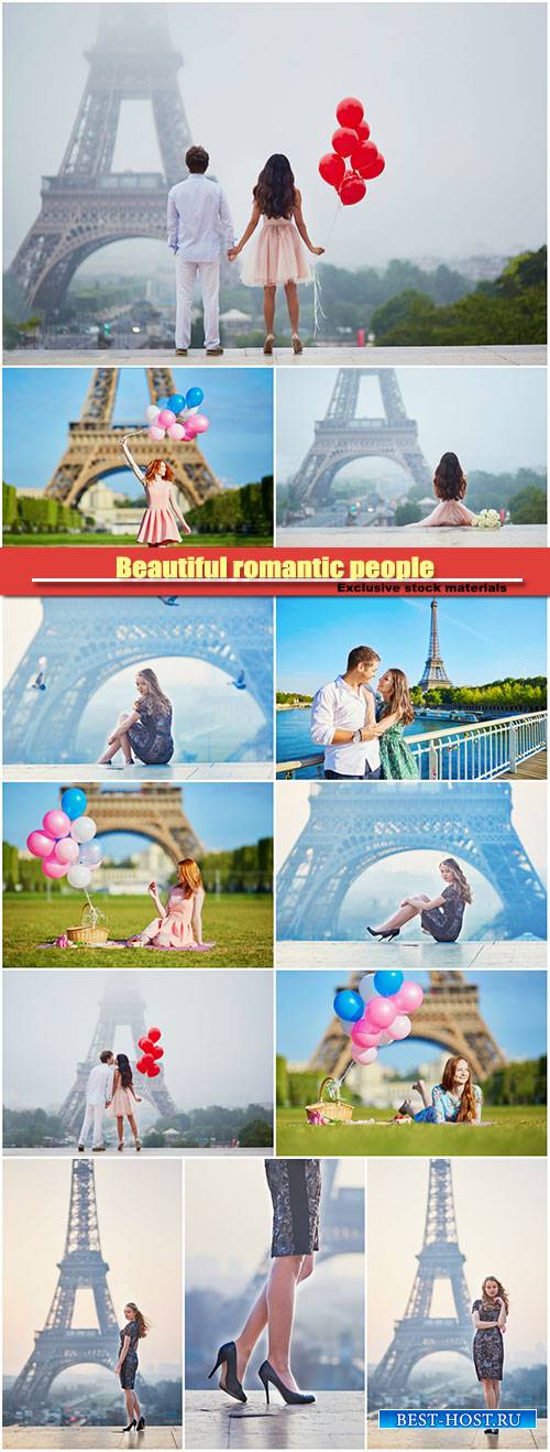Beautiful romantic people with balloons near the Eiffel tower in Paris