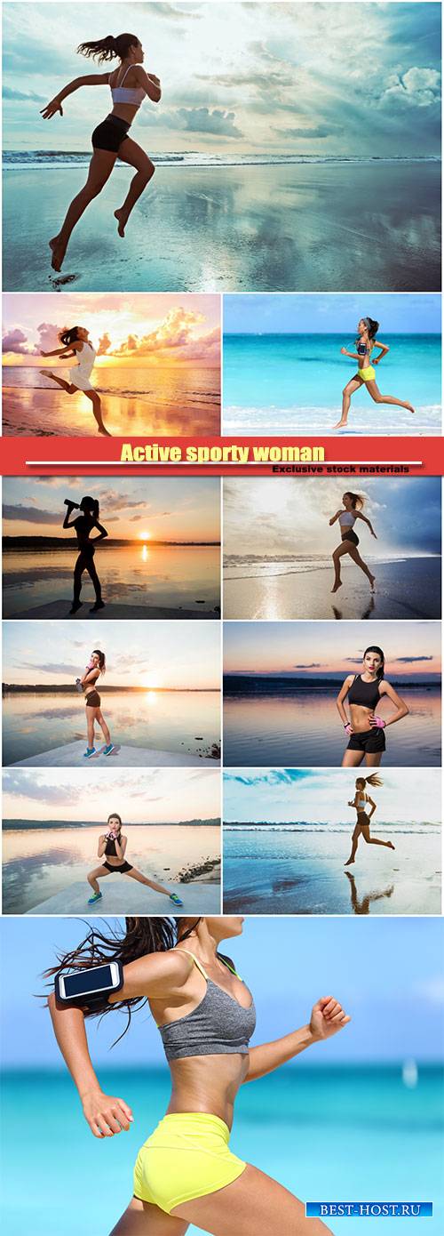 Active sporty woman run along sunset ocean beach