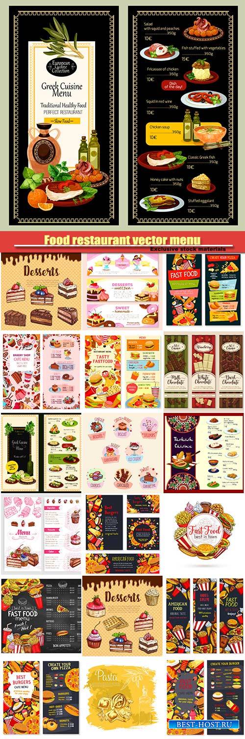Food restaurant vector menu, drinks, meals, hamburger, pizza, desserts and cakes, chocolate
