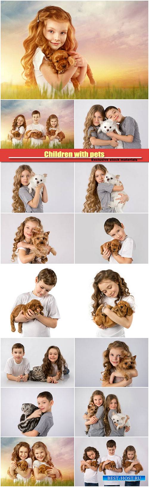 Children with pets, cat and a dog Children with pets, cat and a dog