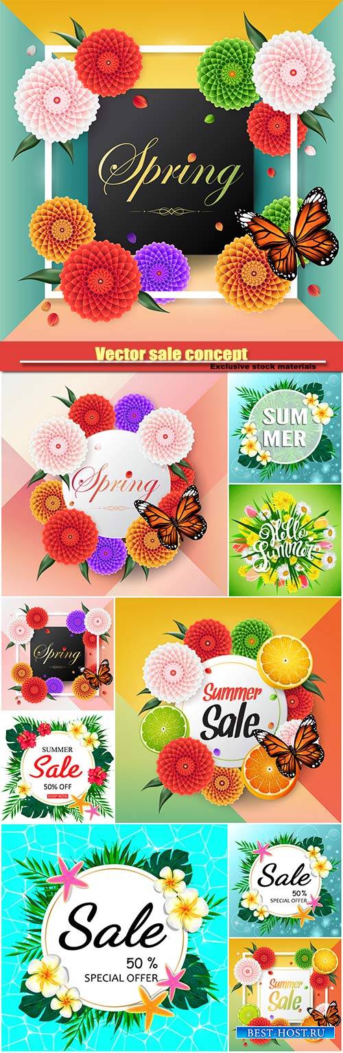 Vector sale concept, summer background with tropical flowers