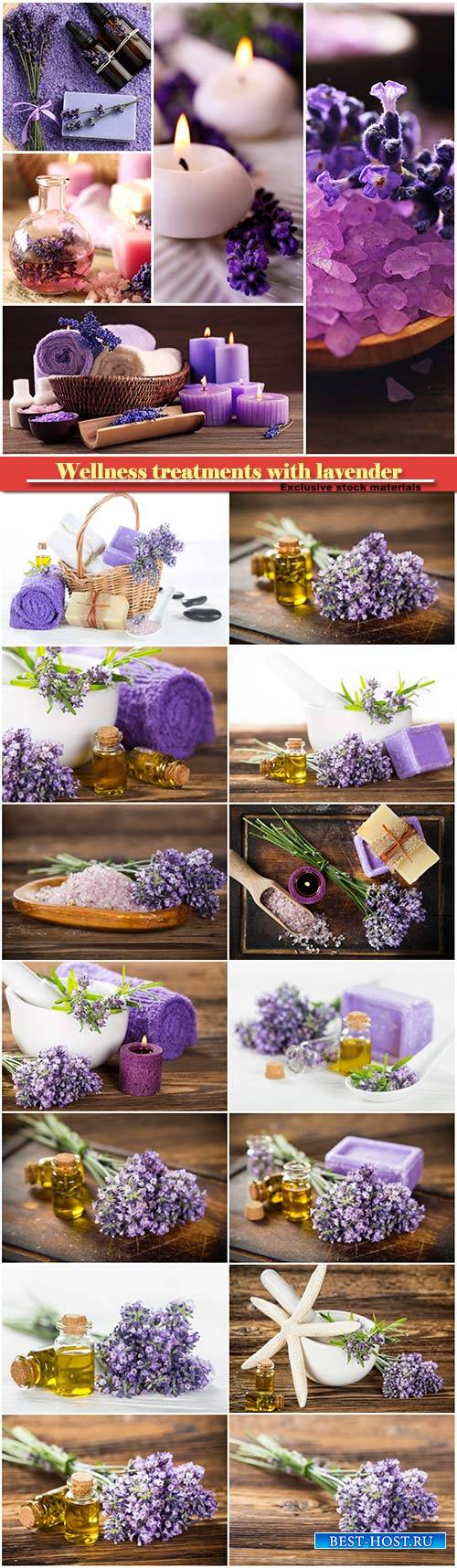Wellness treatments with lavender flowers on wooden table, spa still-life