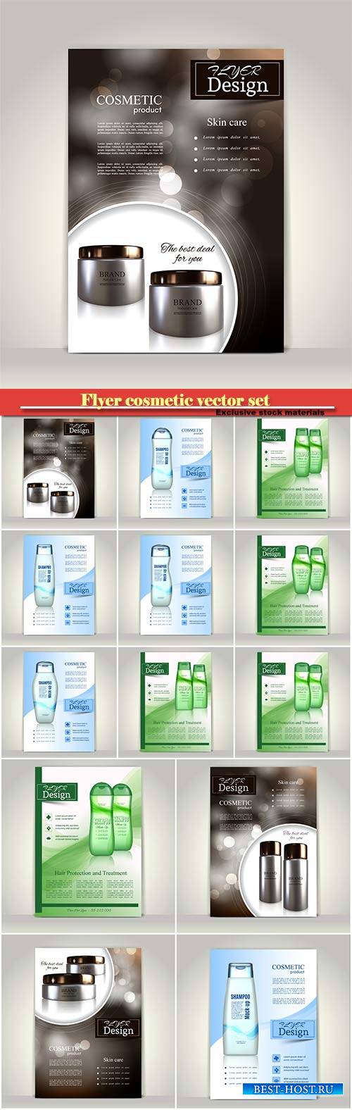 Flyer cosmetic vector set, brochure or magazine cover template