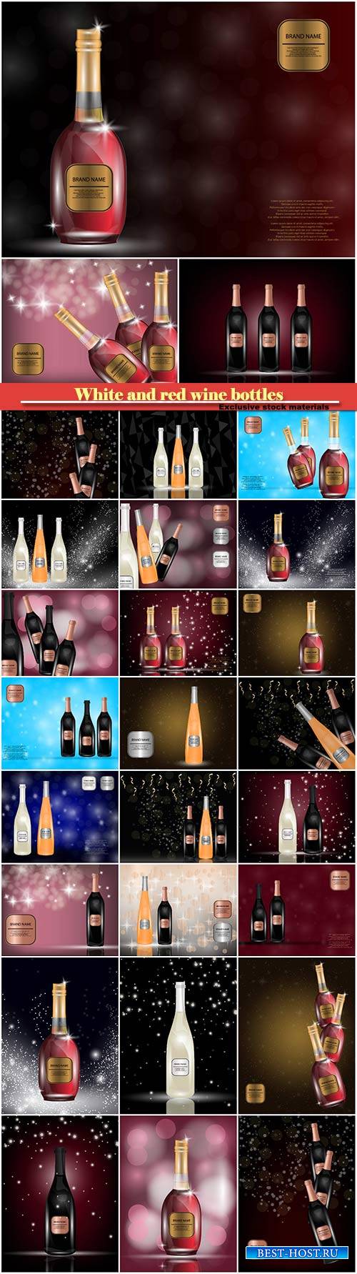 White and red wine bottles on the sparkling vector background