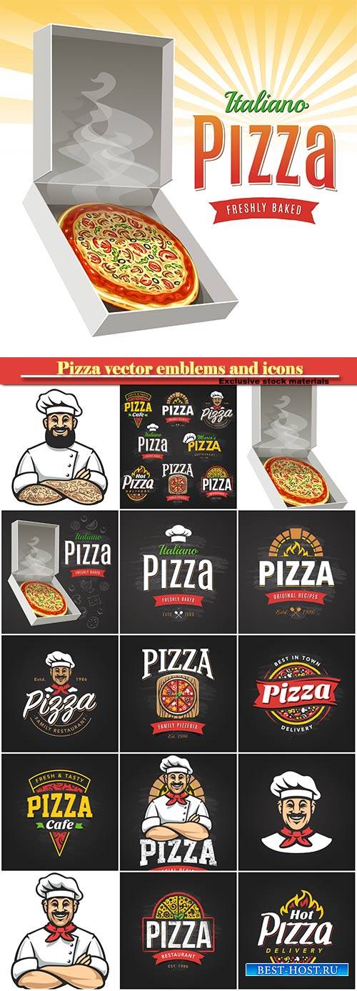 Pizza vector emblems and icons, pizzeria cafe, restaurant logo templates