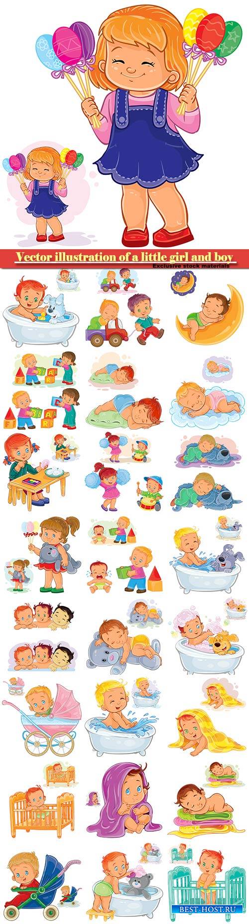Vector illustration of a little girl and boy playing