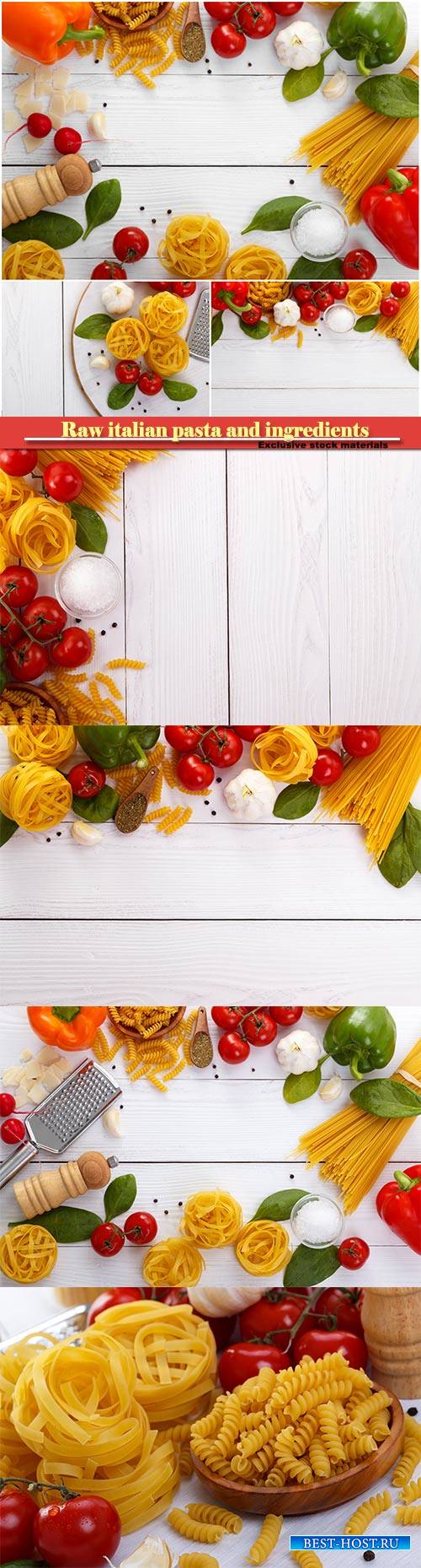 Raw italian pasta and ingredients composition on white wooden board