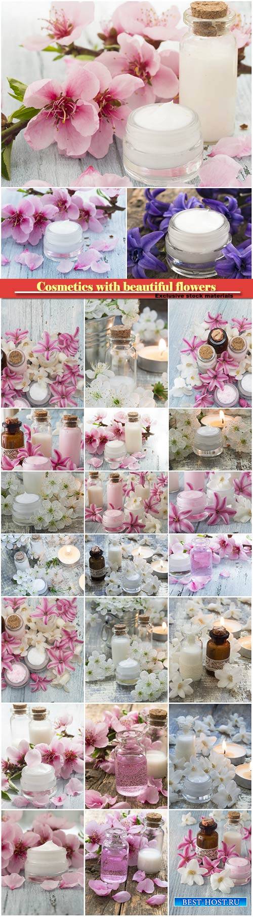 Cosmetics with beautiful flowers on a wooden background
