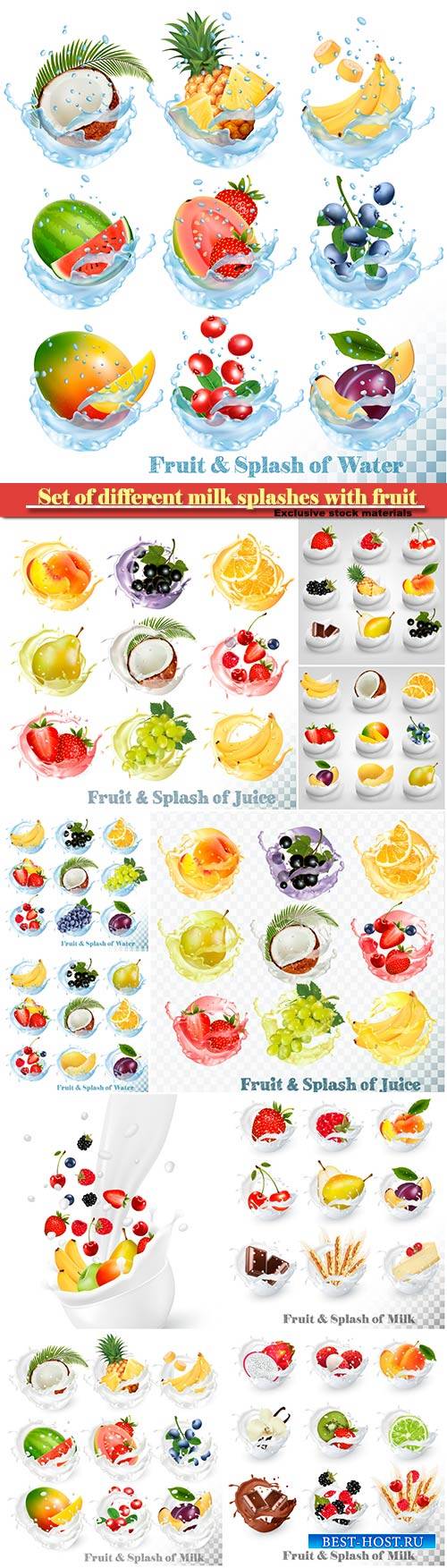 Set of different milk splashes with fruit, nuts and berries, strawberry, ra ...