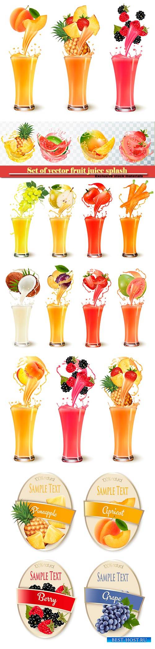 Set of vector fruit juice splash in a glass, pineapple, strawberry, raspber ...