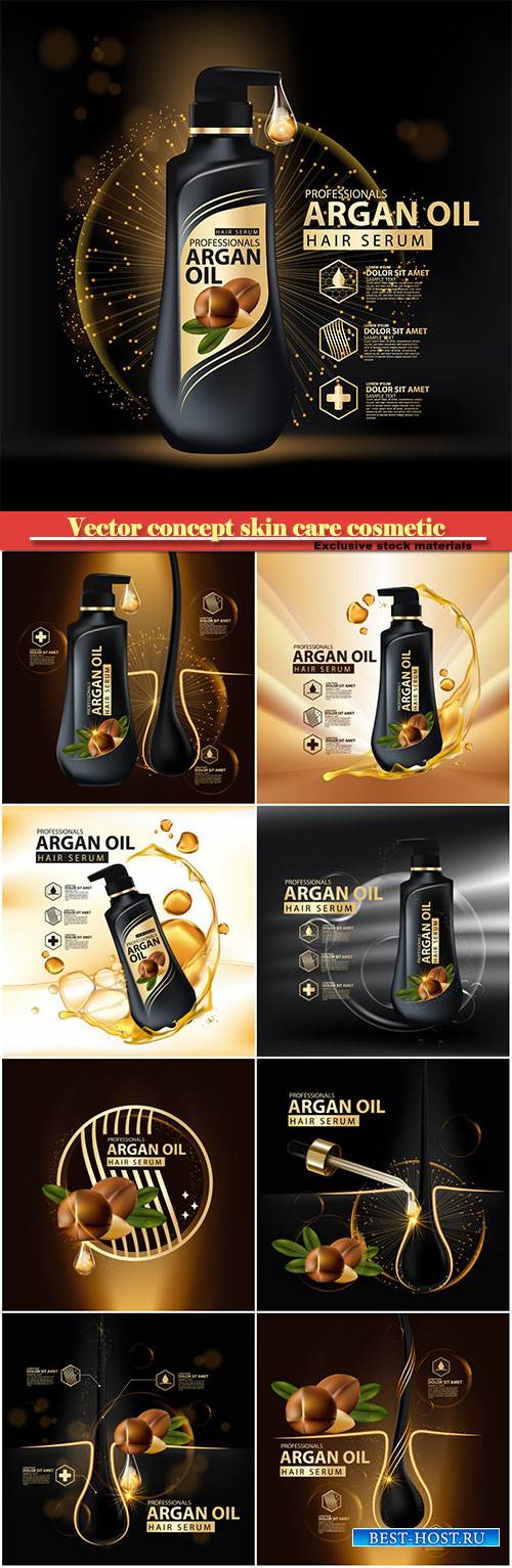 Argan oil hair care protection contained in bottle, golden and black background 3d illustration