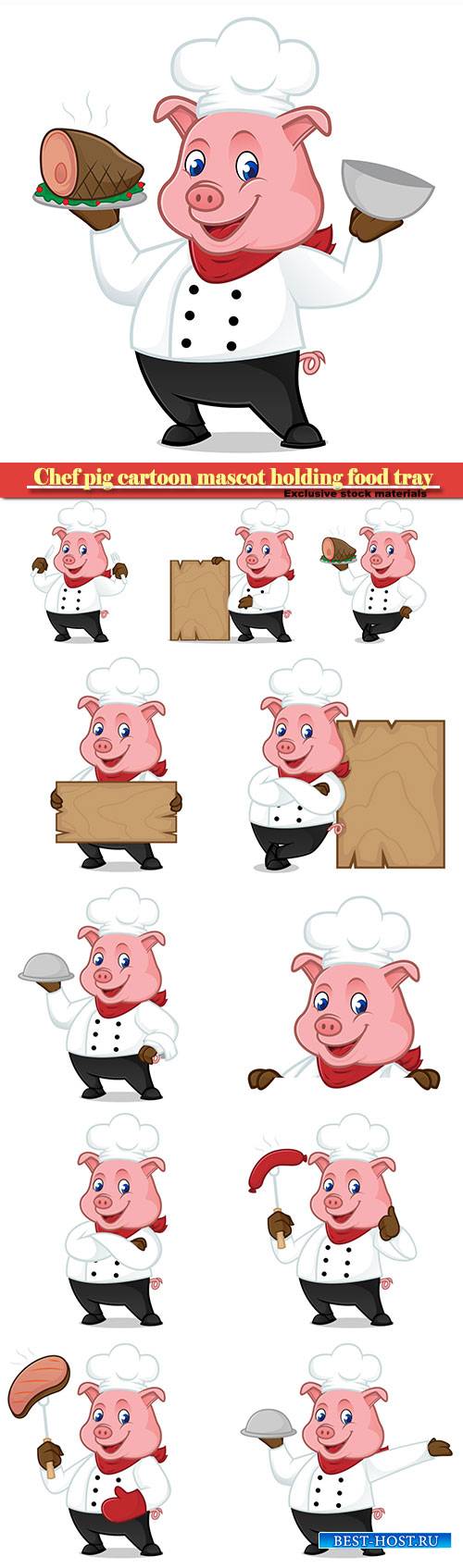 Chef pig cartoon mascot holding food tray