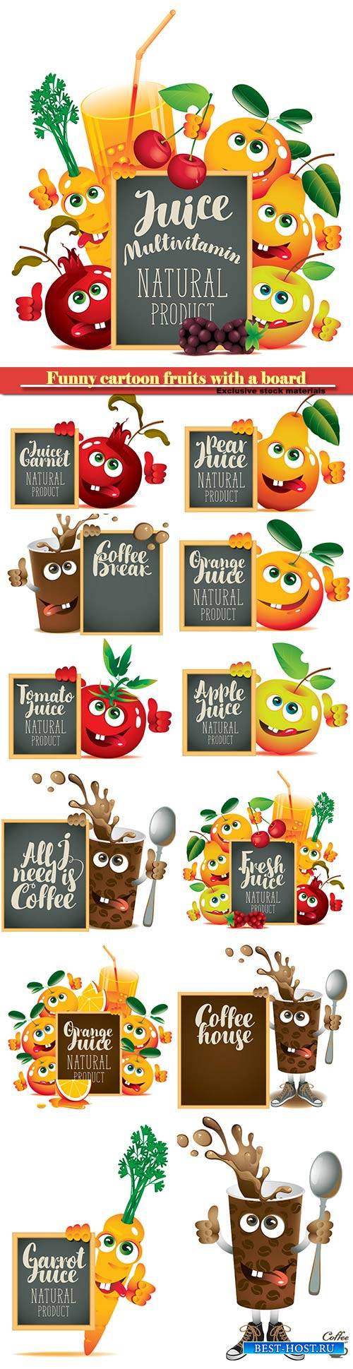 Funny cartoon fruits with a board, coffee and juices