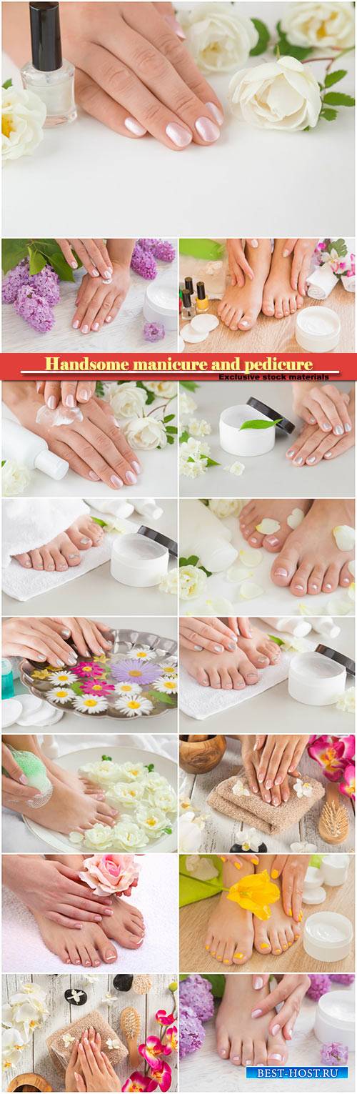 Handsome manicure and pedicure, hands and feet on a background with flowers