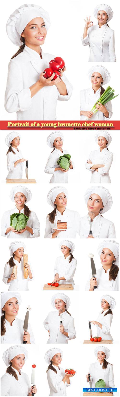 Portrait of a young brunette chef woman isolated on white background