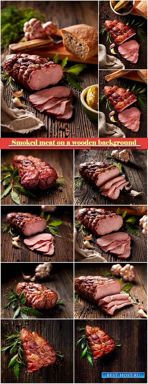 Smoked meat on a wooden background