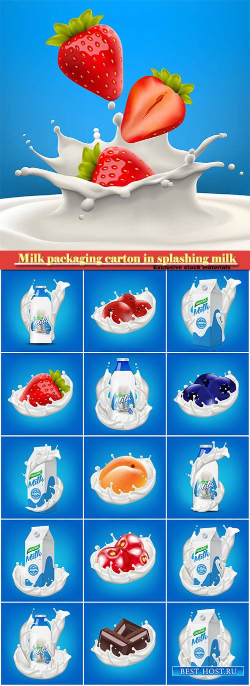 Milk packaging carton in splashing milk, fruit and berries in splashes of milk