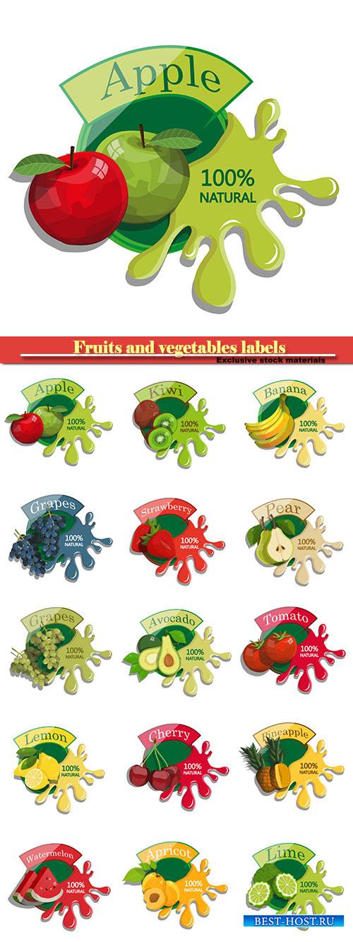 Fruits and vegetables labels in vector fresh natural juices
