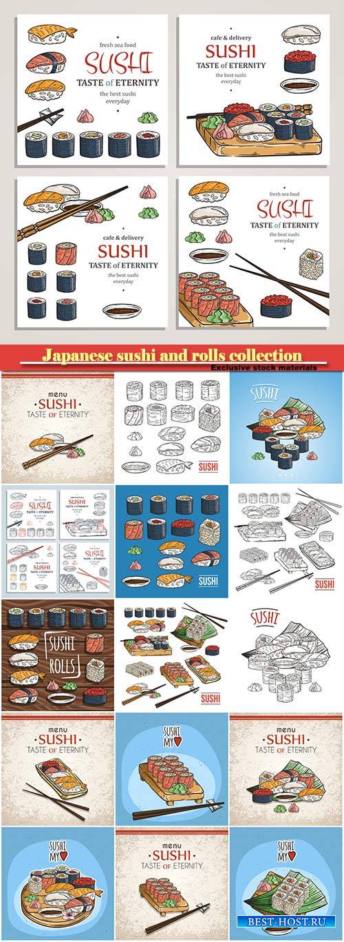Japanese sushi and rolls collection, traditional fresh seafood, asia cuisin ...