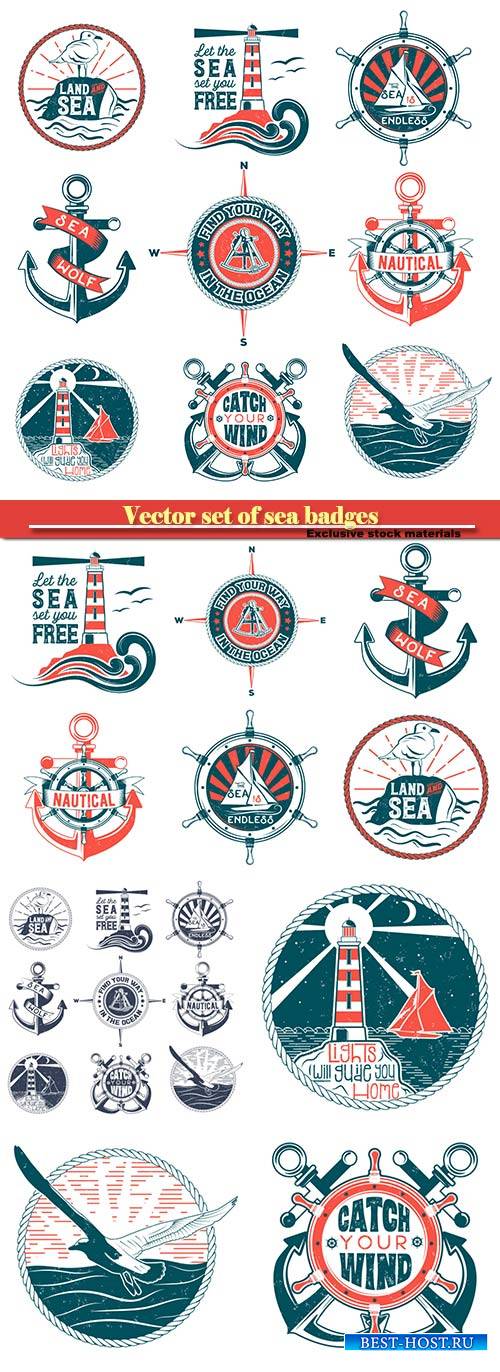 Vector set of badges with a general theme of the sea with the image of a wa ...