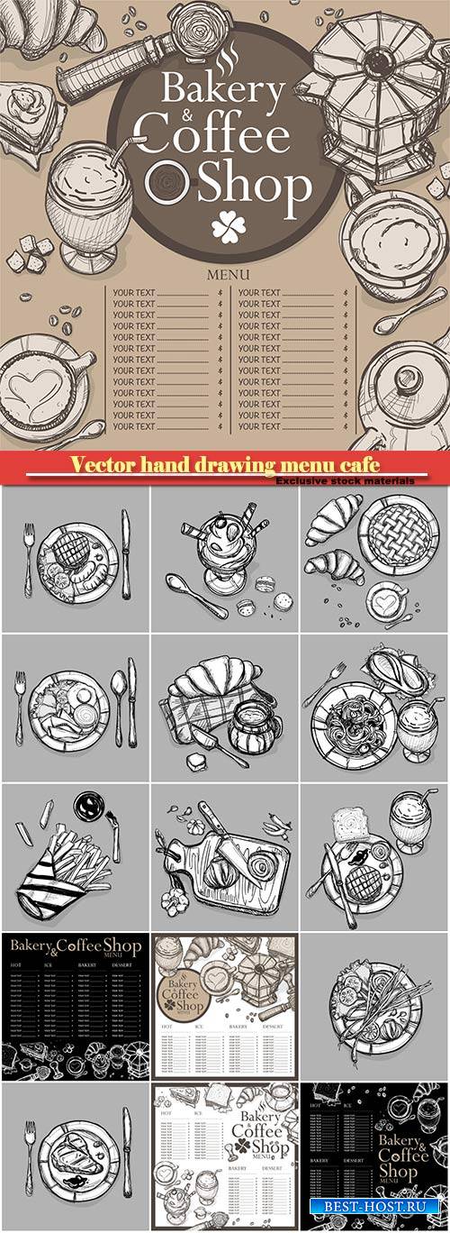 Vector hand drawing menu cafe coffee, bakery restaurant, food vegetable ill ...