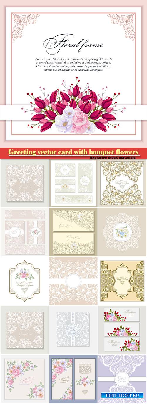 Greeting vector card with bouquet flowers for wedding, birthday and other holidays