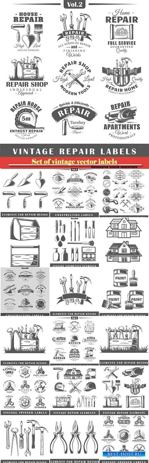 Set of vintage vector labels, construction, posters, stamps, banners and design elements, repair elements