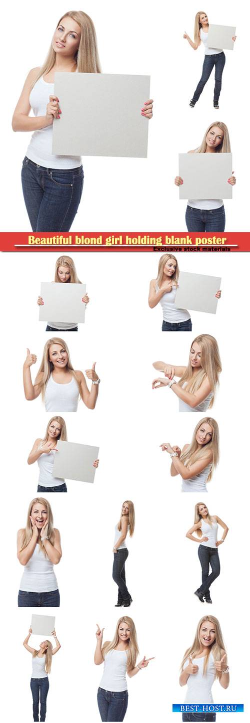 Beautiful blond girl holding blank poster