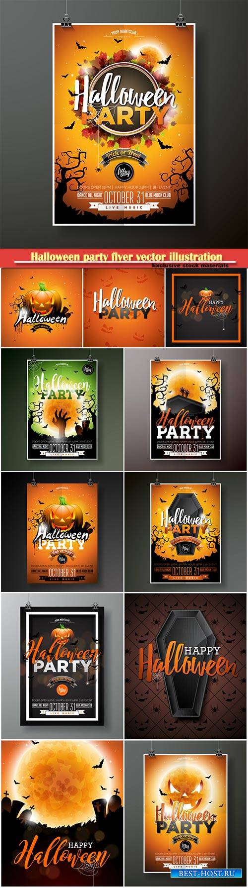 Halloween party flyer vector illustration with moon on orange sky backgroun ...