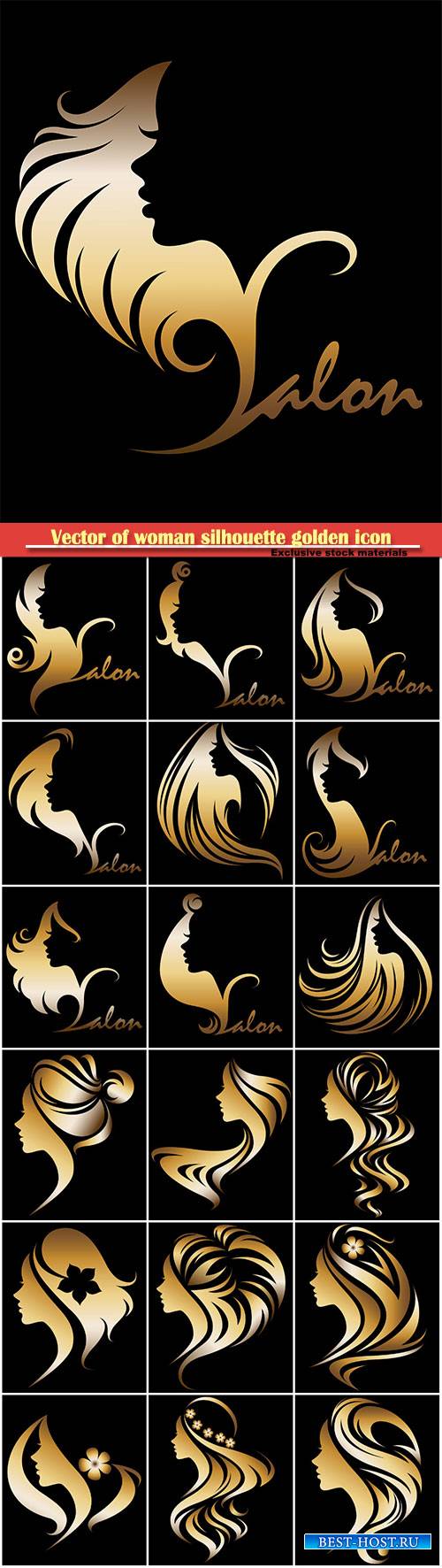 Vector of woman silhouette golden icon, logos for beauty salon