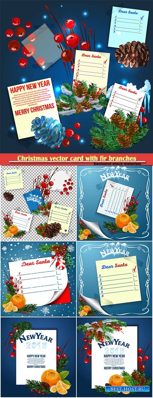 Christmas vector  card with fir branches and tangerines, template with plac ...